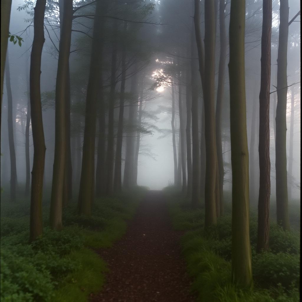 A narrow footpath opening through misty woods at dawn.