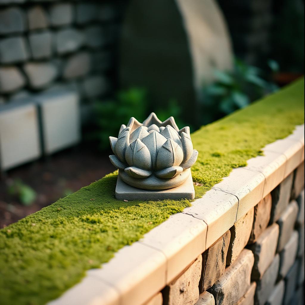 A weathered stone lotus resting on a mossy garden ledge in soft light.
