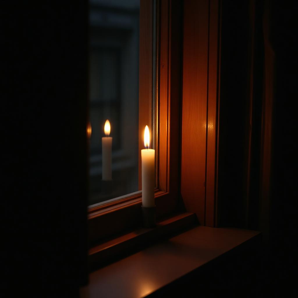 A single lit candle on a wooden windowsill in a dim room.